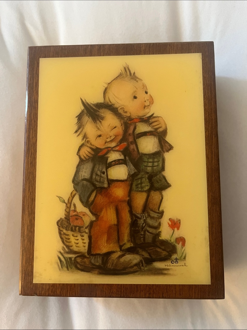 Hummel Yellow Plaque with Two Boys and Warm Earth Tones